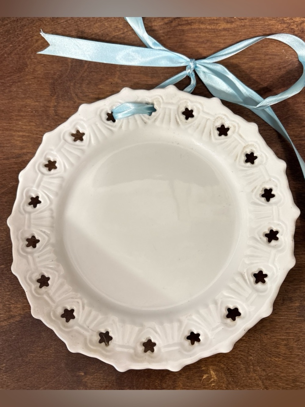 Two's Company White Ceramic Decorative Hanging Plate with Light Blue Ribbon